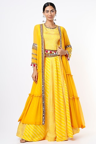 Dandelion Yellow Embroidered Front-Open Jacket Set by Mahi Calcutta