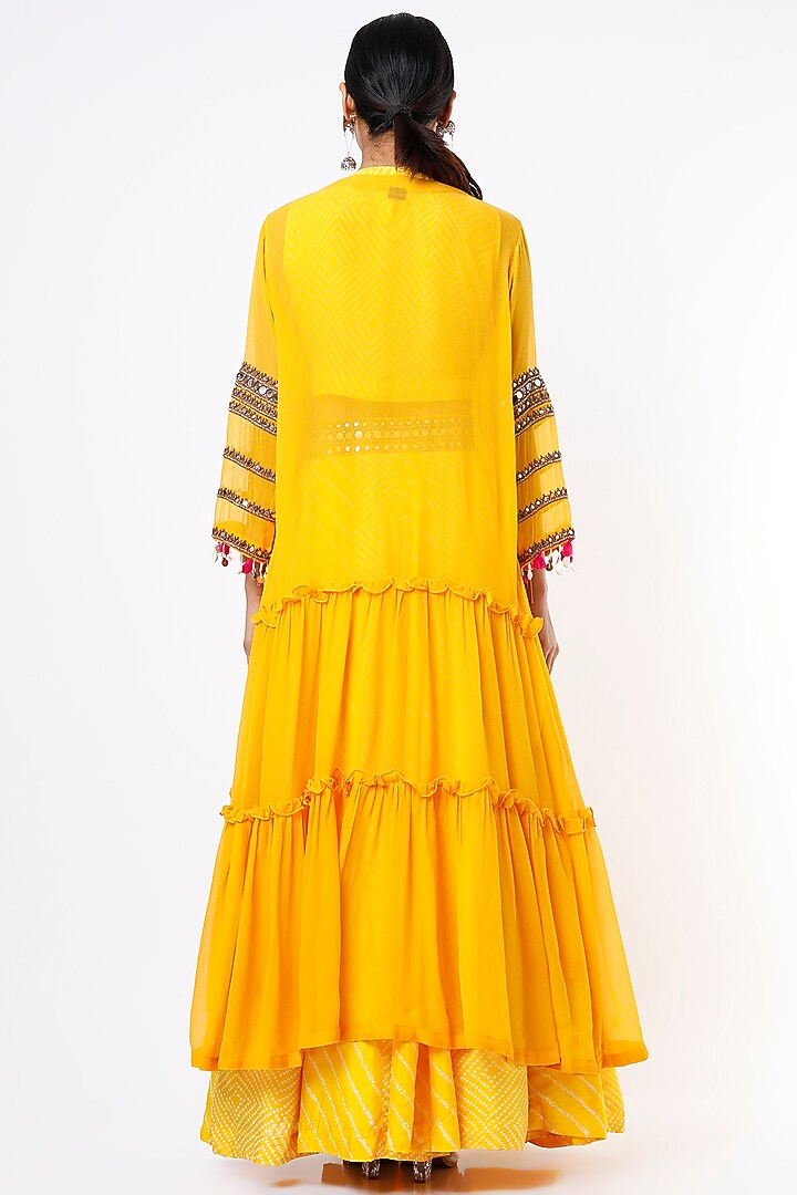 Dandelion Yellow Embroidered Front-Open Jacket Set by Mahi Calcutta at Pernia's Pop Up Shop