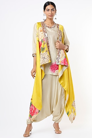 Daffodil Yellow Embroidered Cape Set by Mahi Calcutta