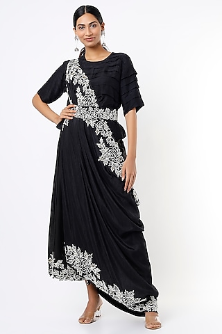 Black Silk Flared Pant Set With Pre-Stitched Drape by Mahi Calcutta
