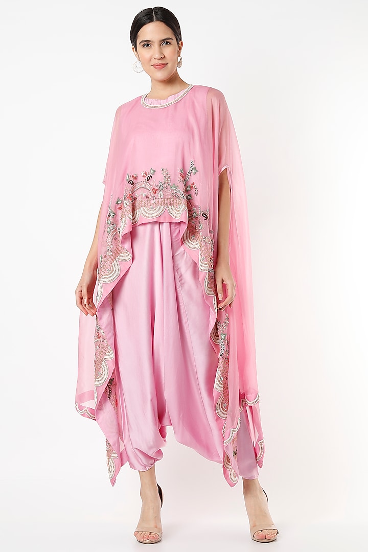Blush Pink Embroidered Cape Set by Mahi Calcutta