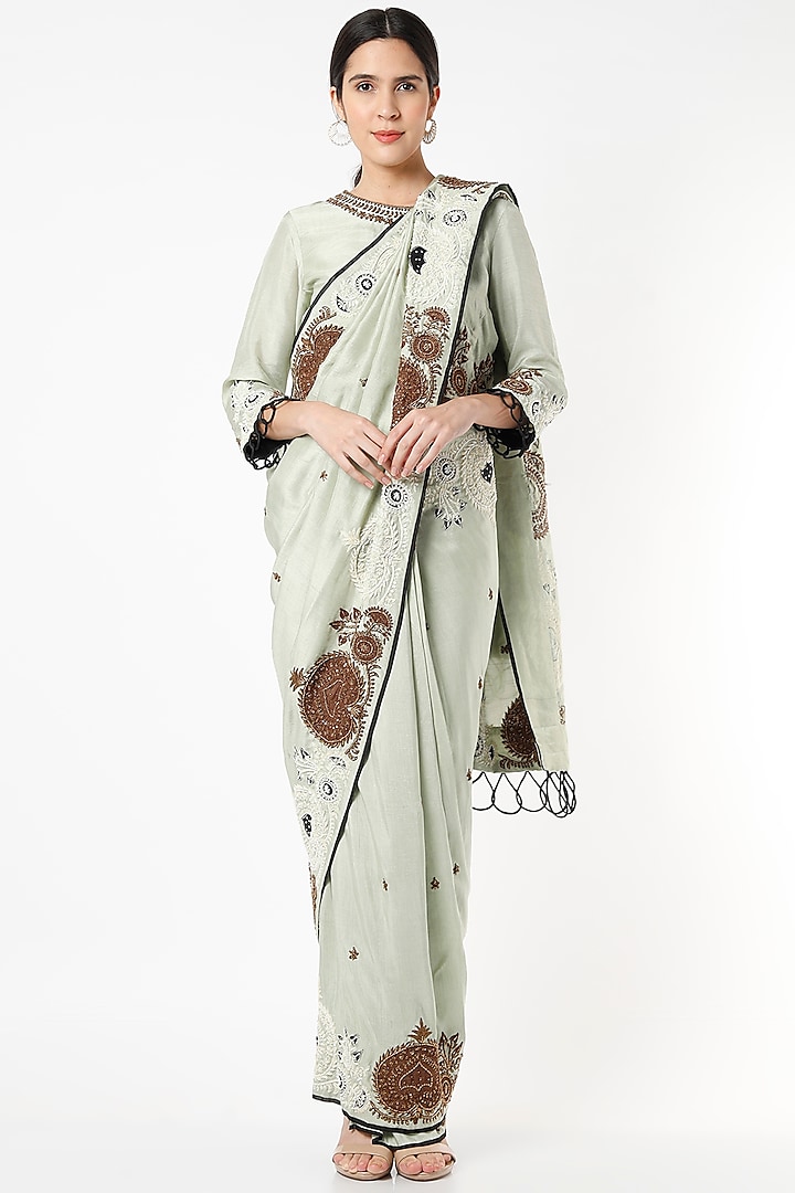 Olive Green Embroidered Pre-Stitched Saree Set by Mahi Calcutta