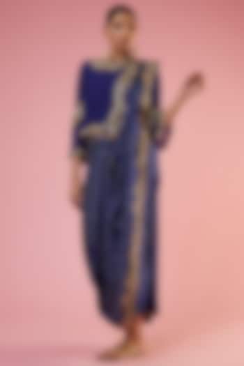Royal Blue Silk Satin Bandhani Printed Draped Dhoti Saree Set by Mahi Calcutta