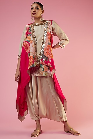 Rose Red Cotton Silk Floral Printed Cape Set by Mahi Calcutta