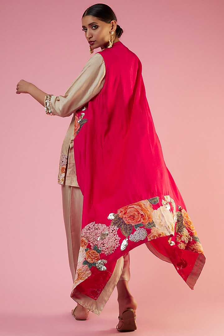 Rose Red Cotton Silk Floral Printed Cape Set by Mahi Calcutta at Pernia's Pop Up Shop