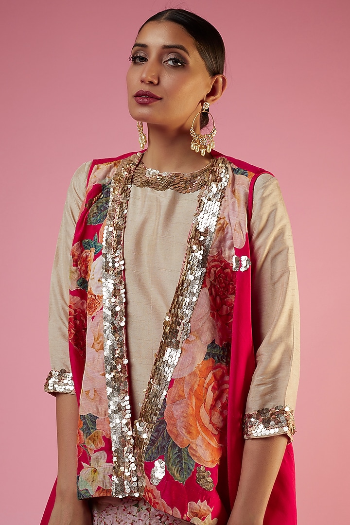 Rose Red Cotton Silk Floral Printed Cape Set by Mahi Calcutta at Pernia's Pop Up Shop