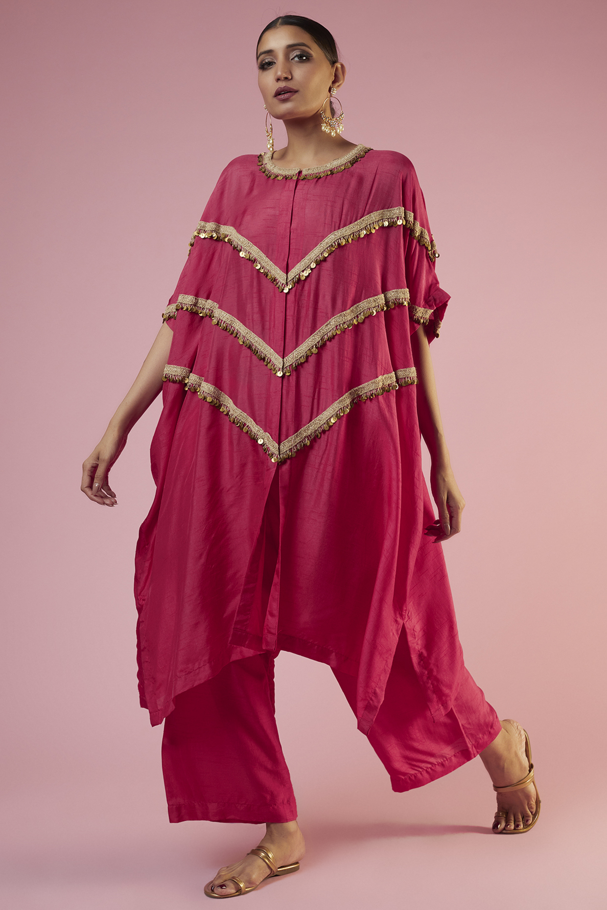 Red Cotton Silk Embroidered Kaftan Set by Mahi Calcutta at Pernia's Pop Up Shop