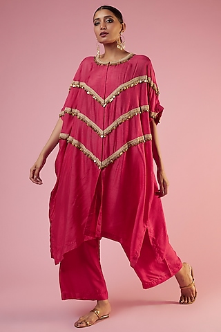 Red Cotton Silk Embroidered Kaftan Set by Mahi Calcutta