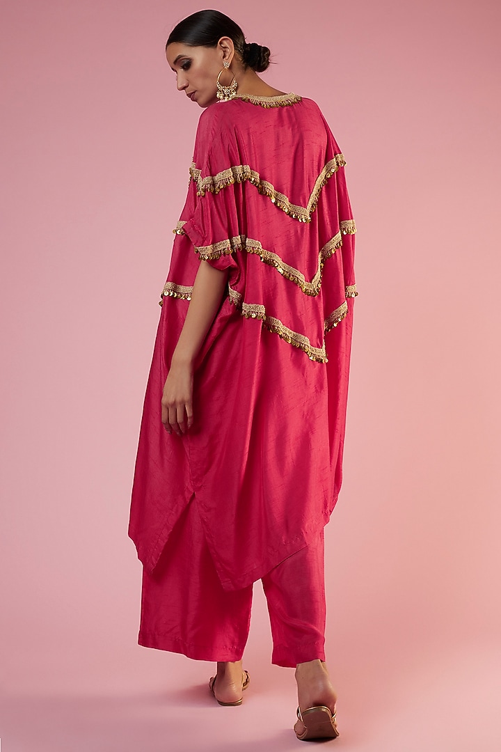 Red Cotton Silk Embroidered Kaftan Set by Mahi Calcutta at Pernia's Pop Up Shop