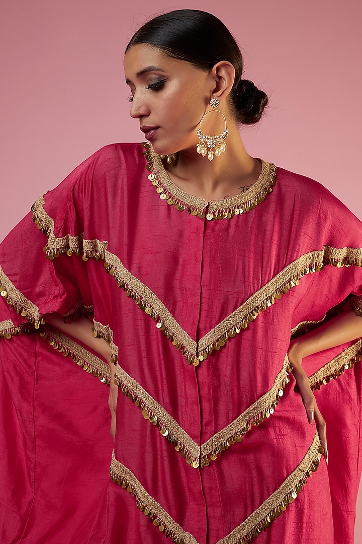 Red Cotton Silk Embroidered Kaftan Set by Mahi Calcutta at Pernia's Pop Up Shop