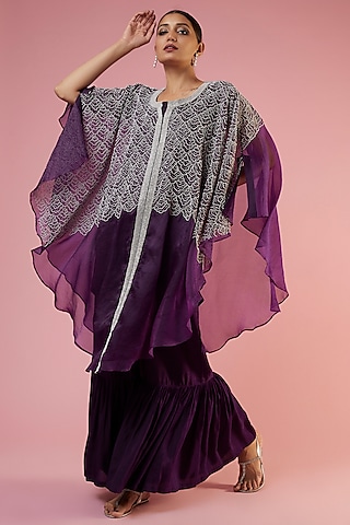 Purple Organza Embroidered Cape Set by Mahi Calcutta