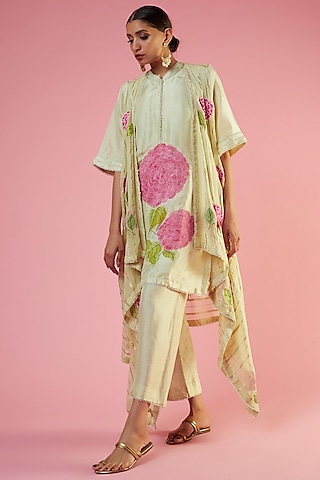 Gold Organza Hand Painted Cape Set by Mahi Calcutta