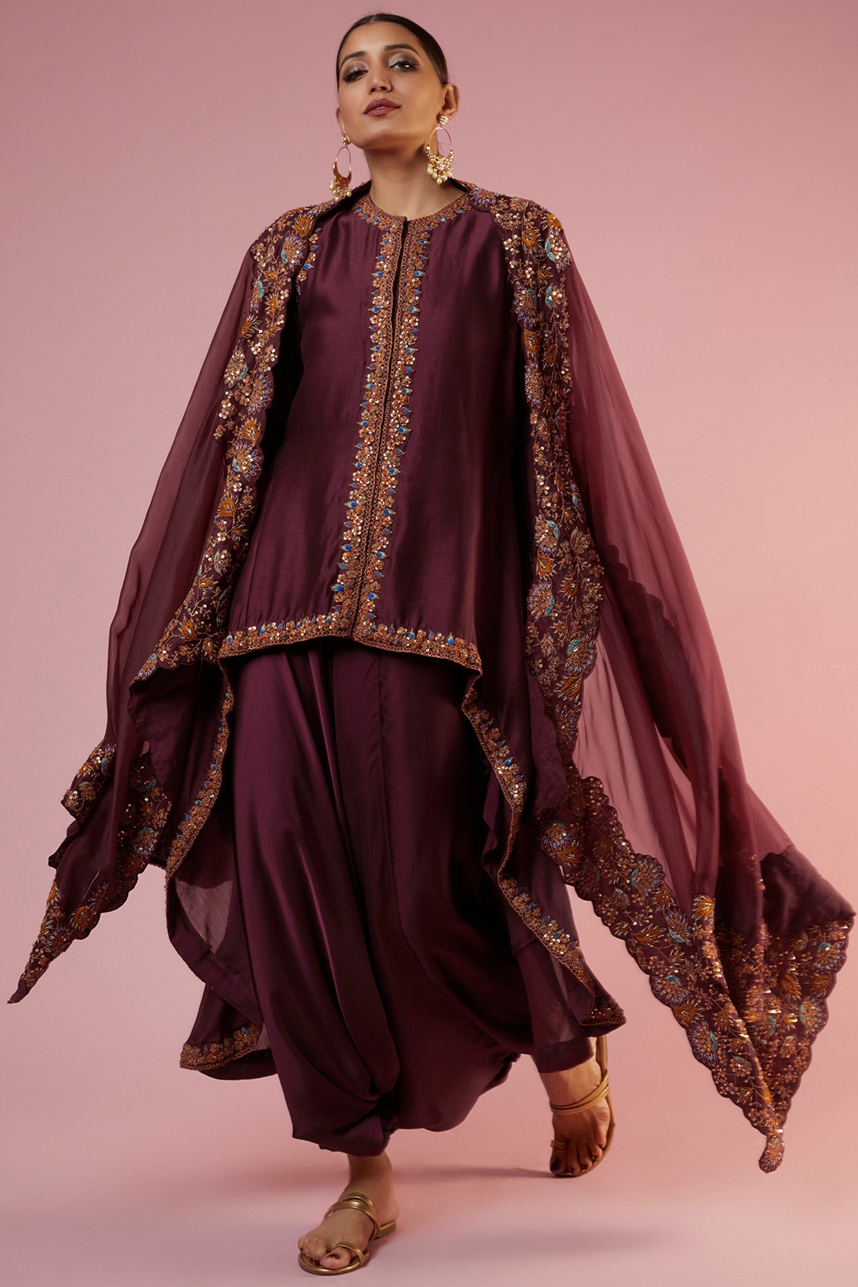 Maroon Red Raw Silk Jacket with Dhoti Pants by Sudeshna Verma for rent  online  FLYROBE