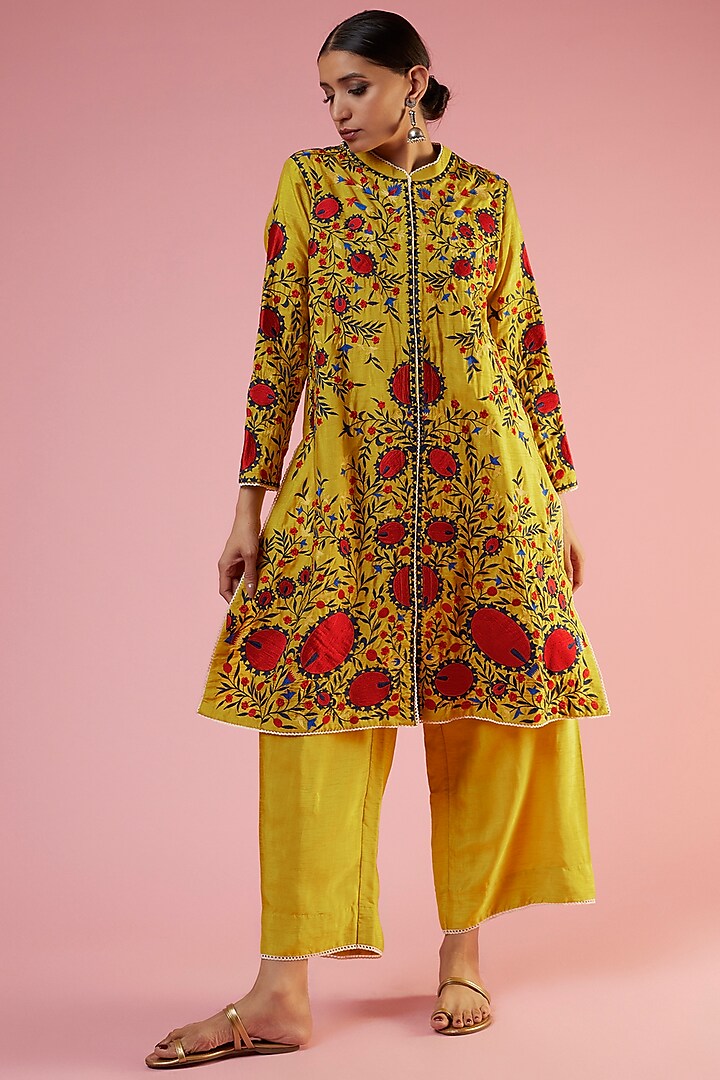 Turmeric Yellow Cotton Silk Embroidered Jacket Set by Mahi Calcutta