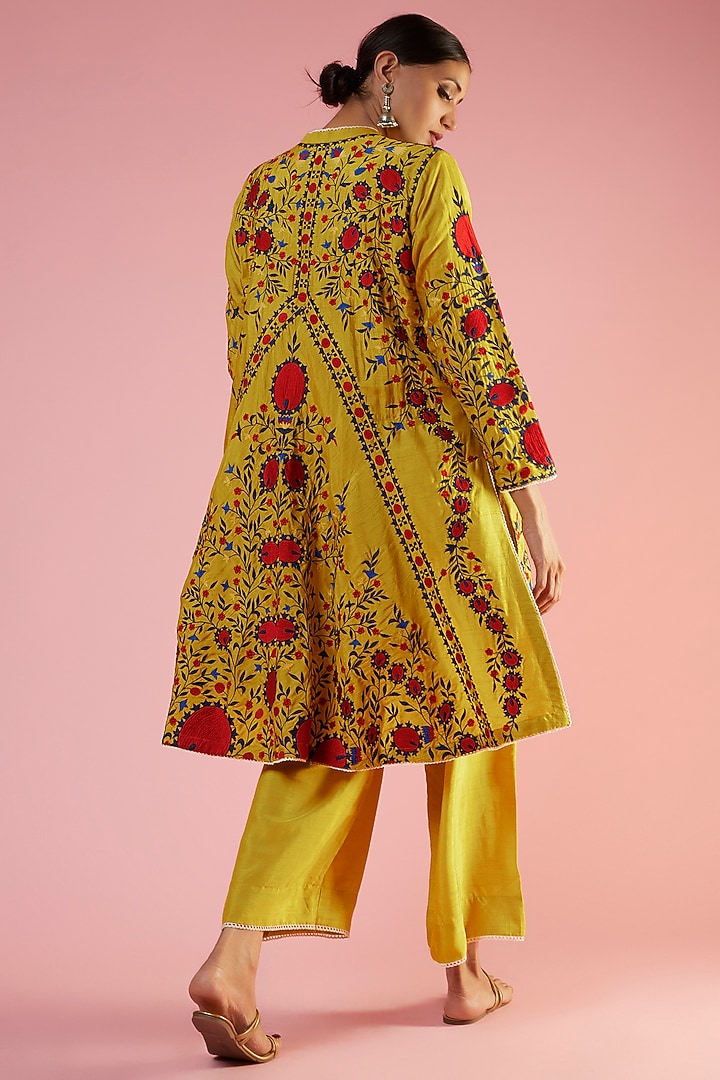 Turmeric Yellow Cotton Silk Embroidered Jacket Set by Mahi Calcutta at Pernia's Pop Up Shop