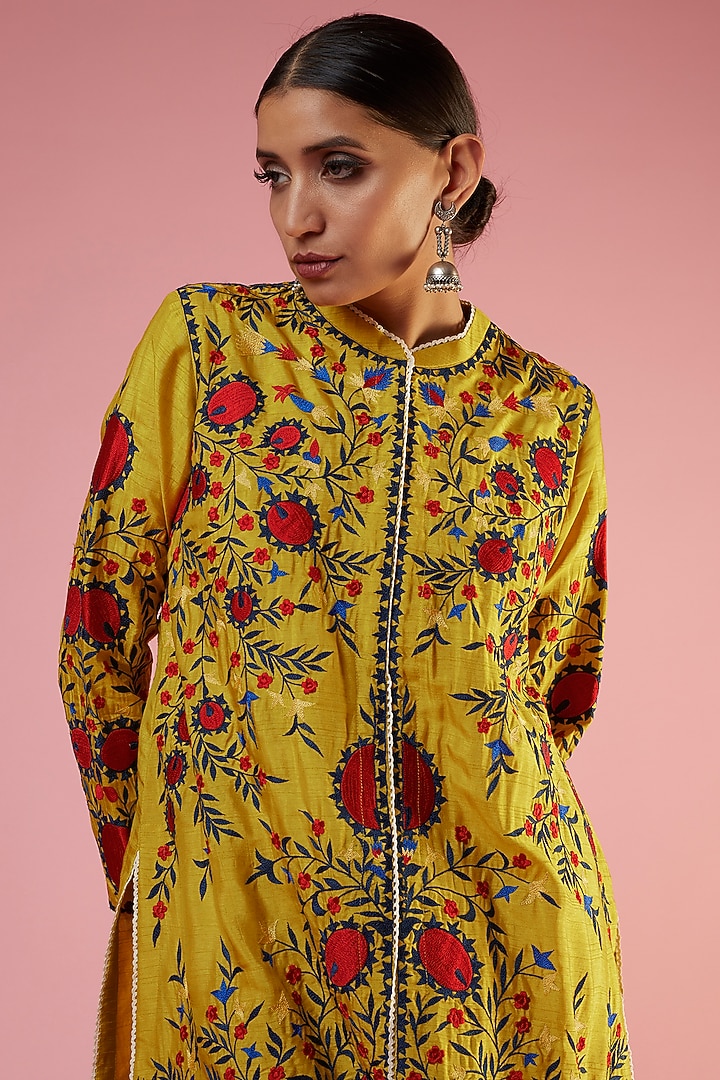 Turmeric Yellow Cotton Silk Embroidered Jacket Set by Mahi Calcutta at Pernia's Pop Up Shop