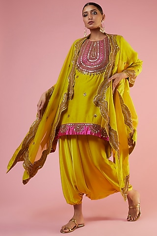 Citrus Lime Organza Hand Embroidered Cape Set by Mahi Calcutta