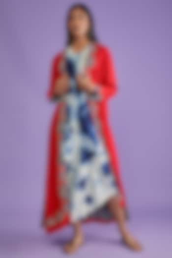 Red & White Cotton Silk Tie-Dye Jacket Dress by Mahi Calcutta
