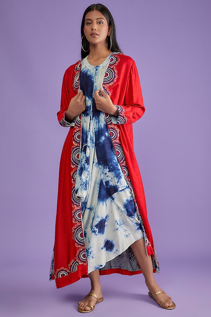 Red & White Cotton Silk Tie-Dye Jacket Dress by Mahi Calcutta