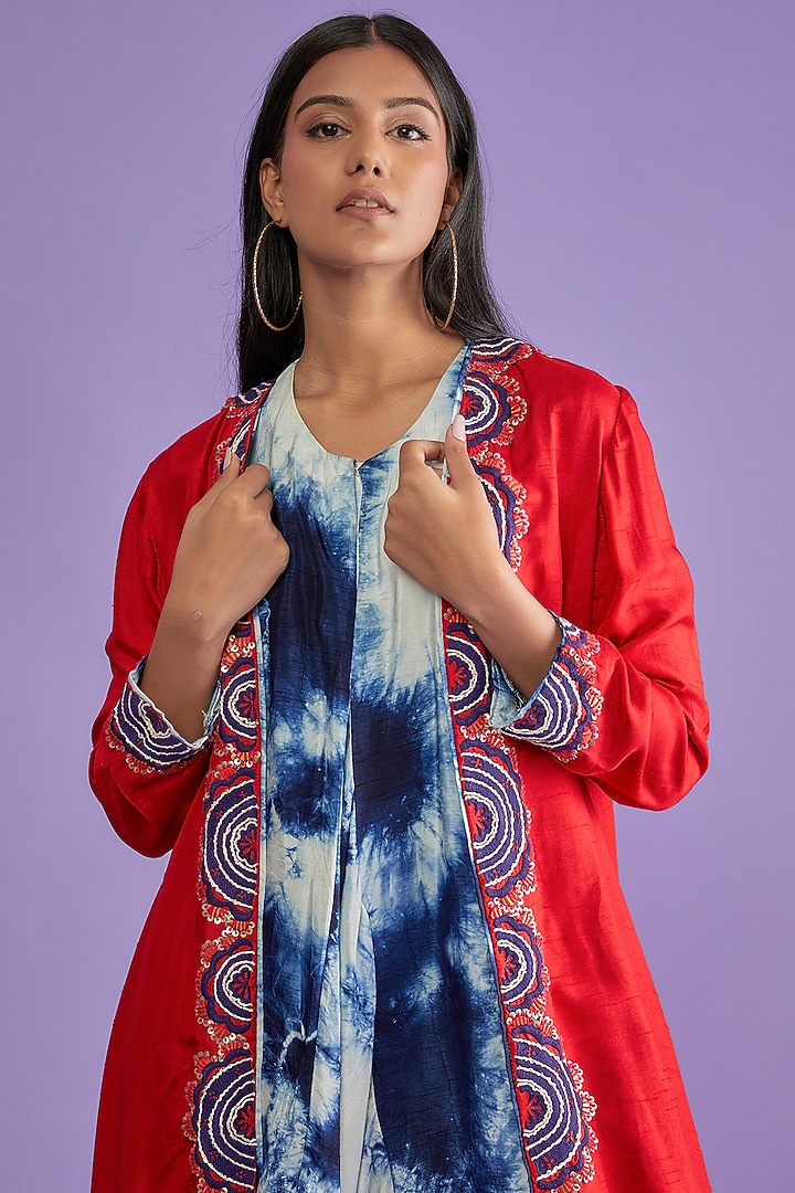 Red & White Cotton Silk Tie-Dye Jacket Vacation Dress by Mahi Calcutta at Pernia's Pop Up Shop