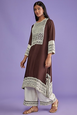 Mushroom Hue Cotton Silk Hand Embroidered Kurta Set by Mahi Calcutta
