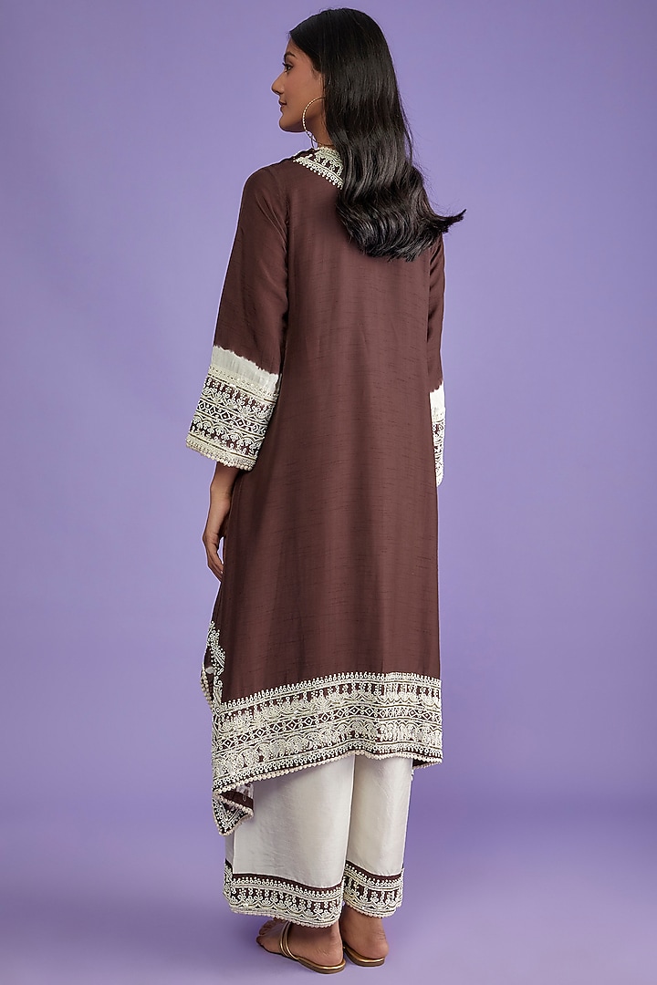 Mushroom Hue Cotton Silk Hand Embroidered Kurta Set by Mahi Calcutta at Pernia's Pop Up Shop