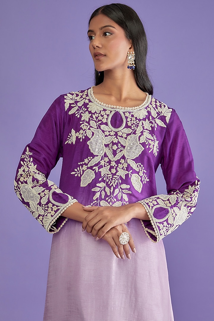 Purple Ombre Silk Embroidered Kurta Set by Mahi Calcutta at Pernia's Pop Up Shop