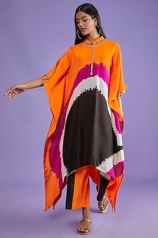 Multi-Colored Cotton Silk Tie-Dye Kaftan Set by Mahi Calcutta