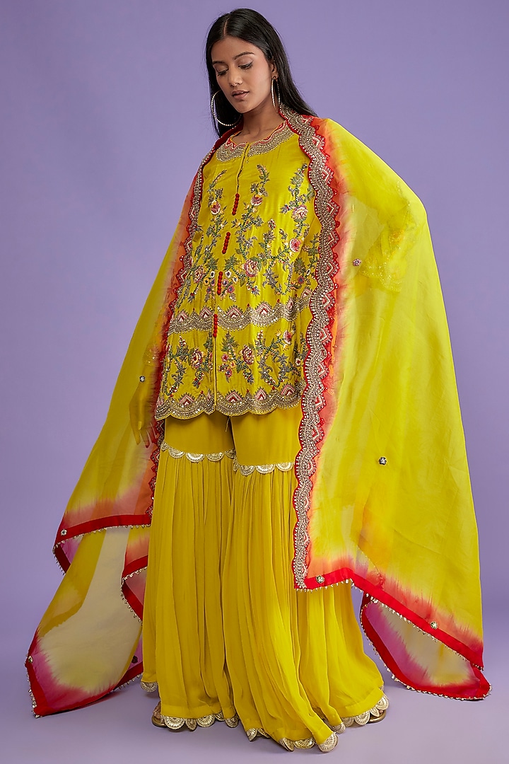 Yellow Georgette Sharara Set by Mahi Calcutta