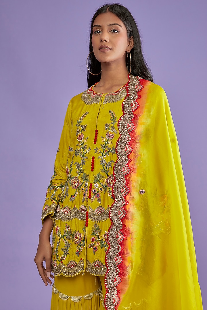 Yellow Georgette Wedding Sharara Set by Mahi Calcutta at Pernia's Pop Up Shop