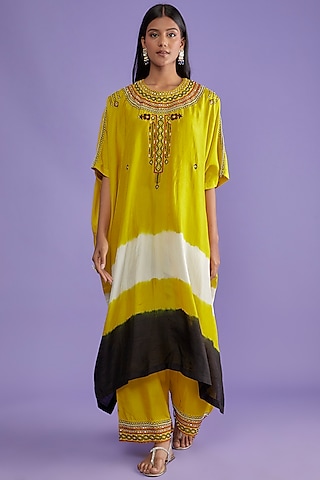 Citrus Lime Silk Embroidered Kaftan Set by Mahi Calcutta