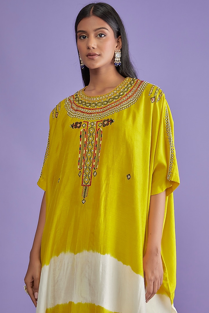 Citrus Lime Silk Embroidered Kaftan Set by Mahi Calcutta at Pernia's Pop Up Shop