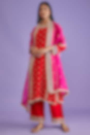 Scarlet Red Chiffon Embroidered Kurta Set by Mahi Calcutta at Pernia's Pop Up Shop