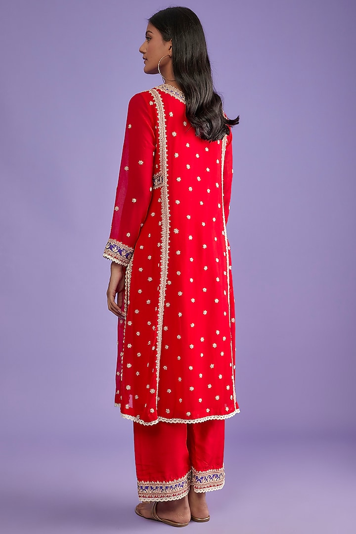 Scarlet Red Chiffon Embroidered Kurta Set by Mahi Calcutta at Pernia's Pop Up Shop