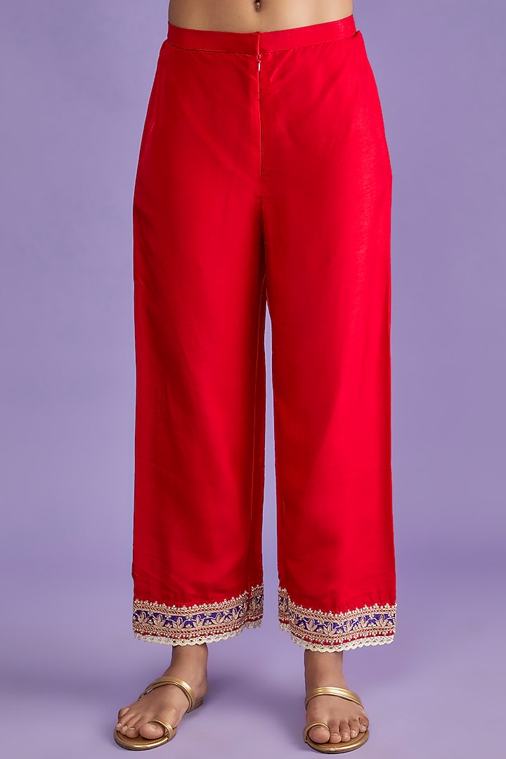Scarlet Red Chiffon Embroidered Kurta Set by Mahi Calcutta at Pernia's Pop Up Shop