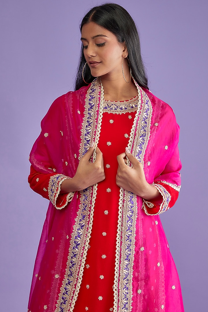 Scarlet Red Chiffon Embroidered Kurta Set by Mahi Calcutta at Pernia's Pop Up Shop