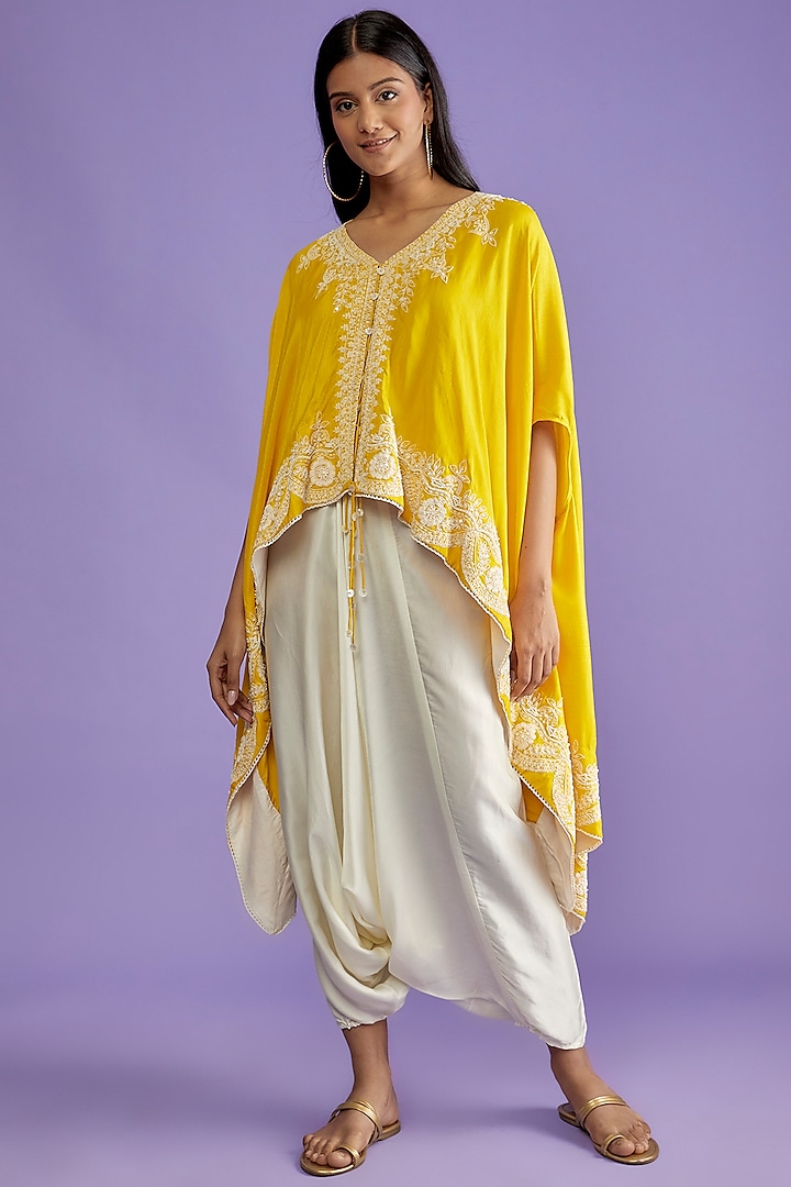 Yellow Cotton Silk Embellished Cape Set by Mahi Calcutta