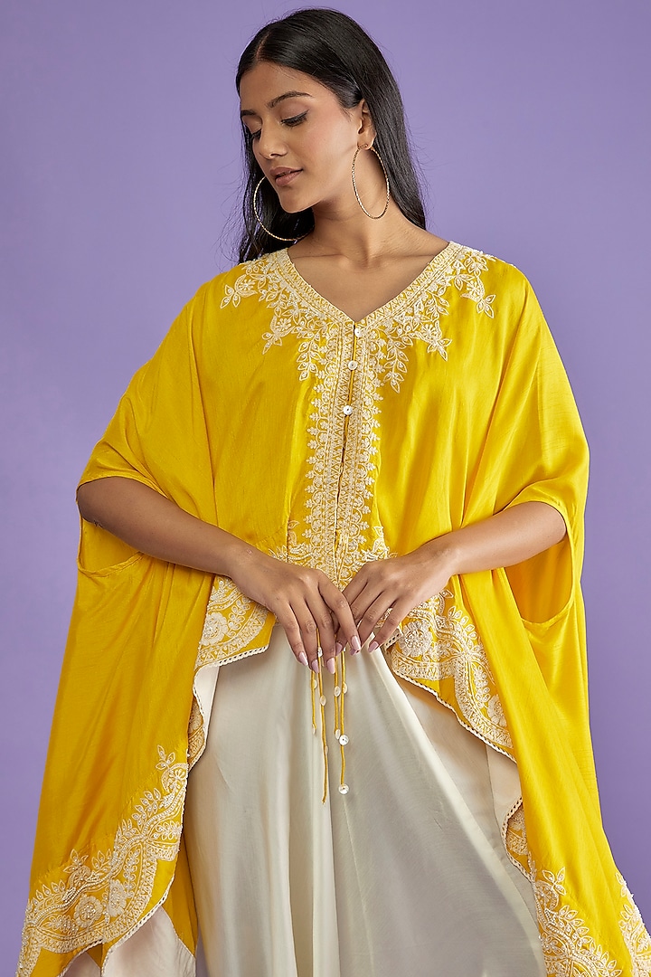 Yellow Cotton Silk Embellished Cape Set by Mahi Calcutta at Pernia's Pop Up Shop