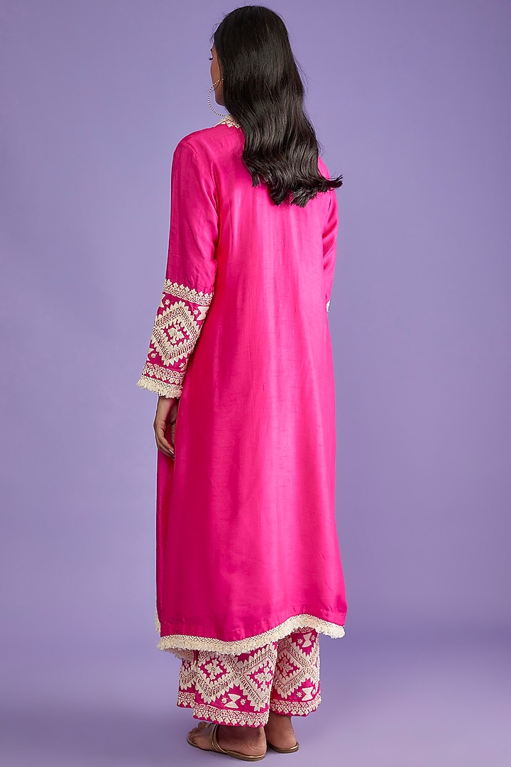 Fuchsia Pink Cotton Silk Embroidered Kurta Set by Mahi Calcutta at Pernia's Pop Up Shop
