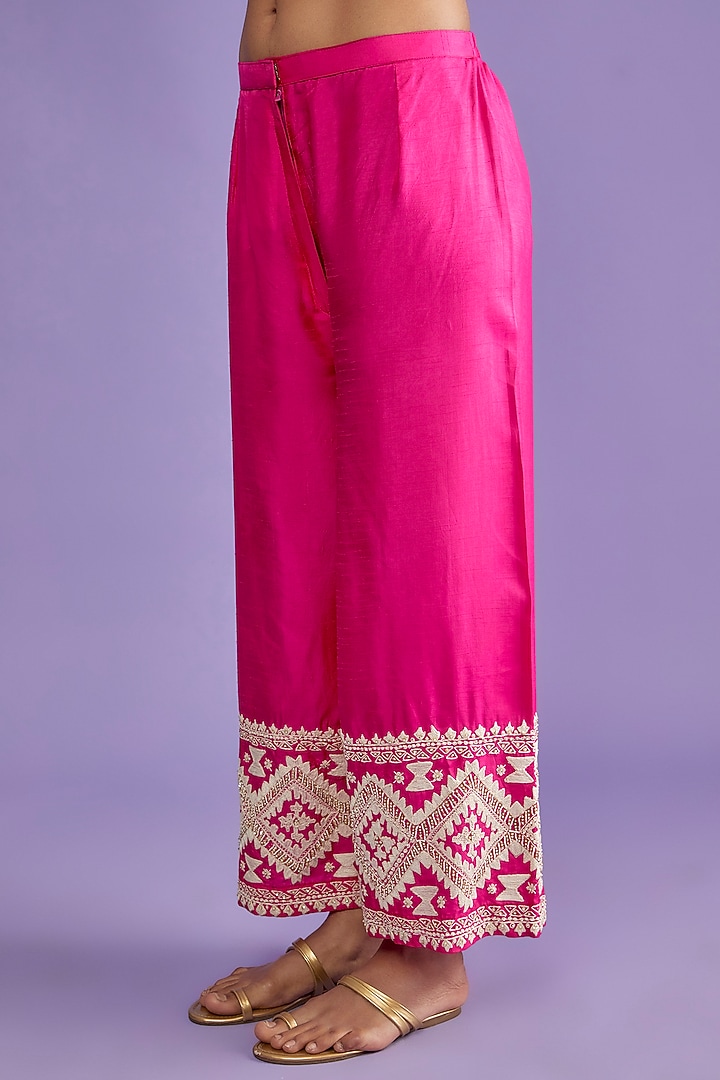 Fuchsia Pink Cotton Silk Embroidered Kurta Set by Mahi Calcutta at Pernia's Pop Up Shop