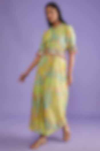 Lime Cotton Silk Printed Jumpsuit With Belt by Mahi Calcutta