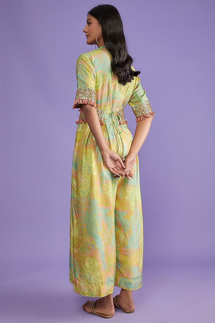 Lime Cotton Silk Printed Jumpsuit With Belt by Mahi Calcutta at Pernia's Pop Up Shop