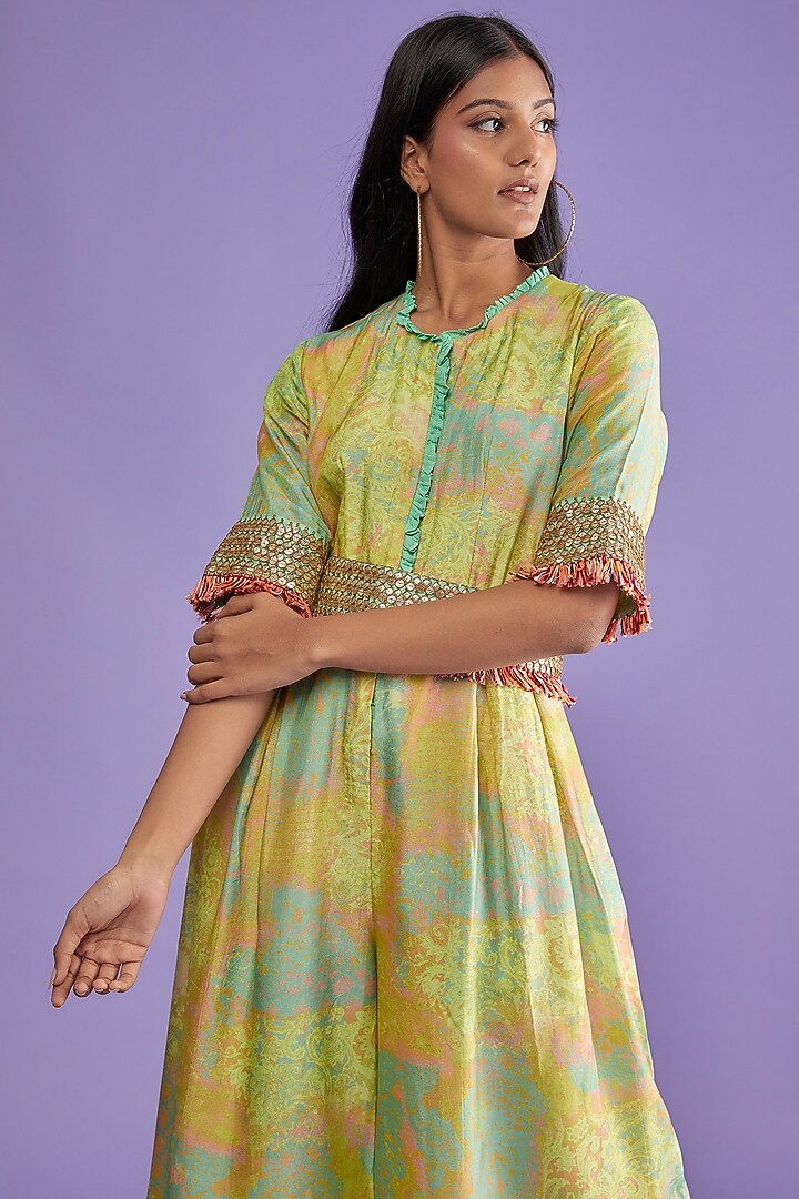 Lime Cotton Silk Printed Jumpsuit With Belt by Mahi Calcutta at Pernia's Pop Up Shop