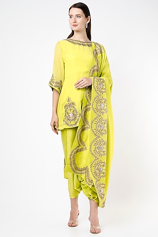 Lime Chiffon & Satin Harem Pant Set by Mahi Calcutta
