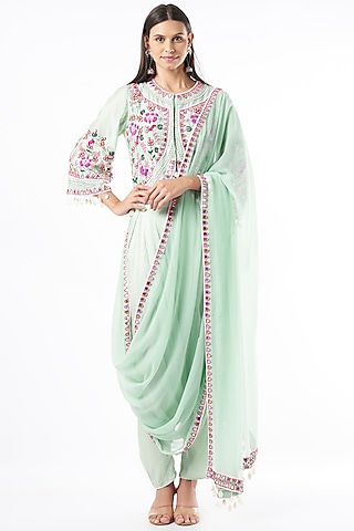 Mint Blue Beads Embellished Jacket Set by Mahi Calcutta