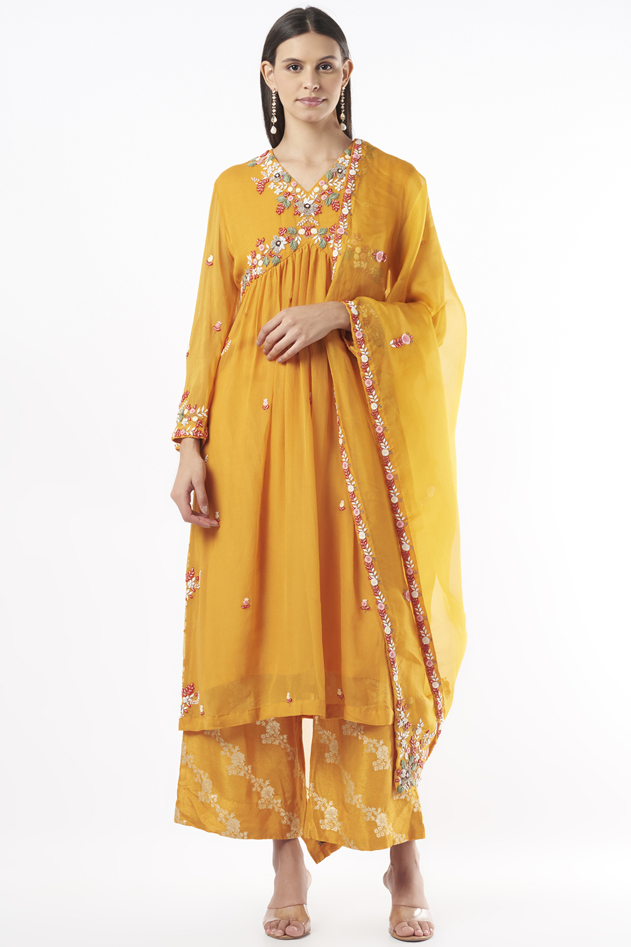 Tangerine Hand Embroidered Kurta Set by Mahi Calcutta at Pernia's Pop Up Shop
