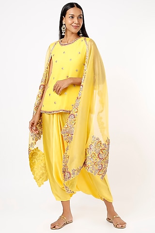 Yellow Harem Pant Set With Cape-Style Dupatta by Mahi Calcutta