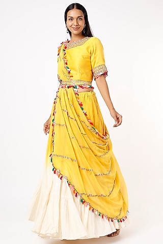 Yellow Ombre Crushed Cotton Skirt Set by Mahi Calcutta
