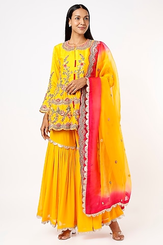 Yellow A-Line Zardosi Embroidered Kurta Set by Mahi Calcutta