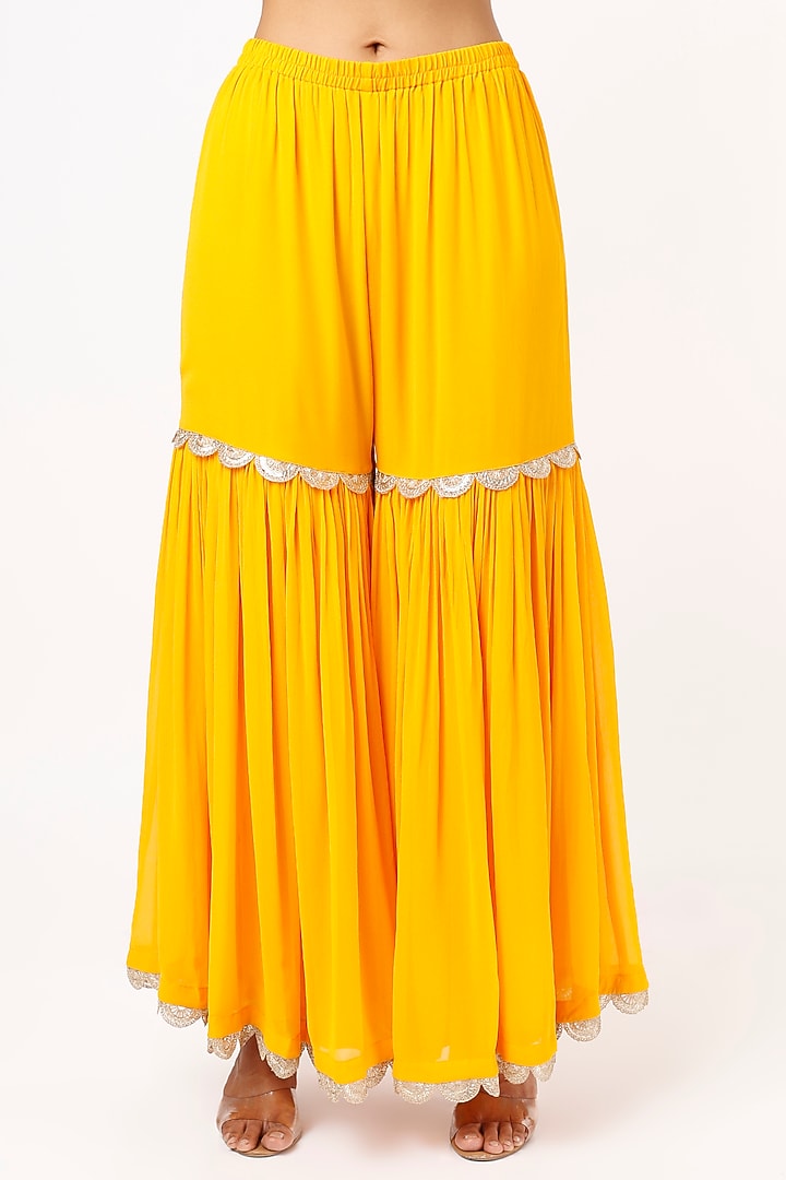 Yellow A-Line Zardosi Embroidered Kurta Set by Mahi Calcutta at Pernia's Pop Up Shop
